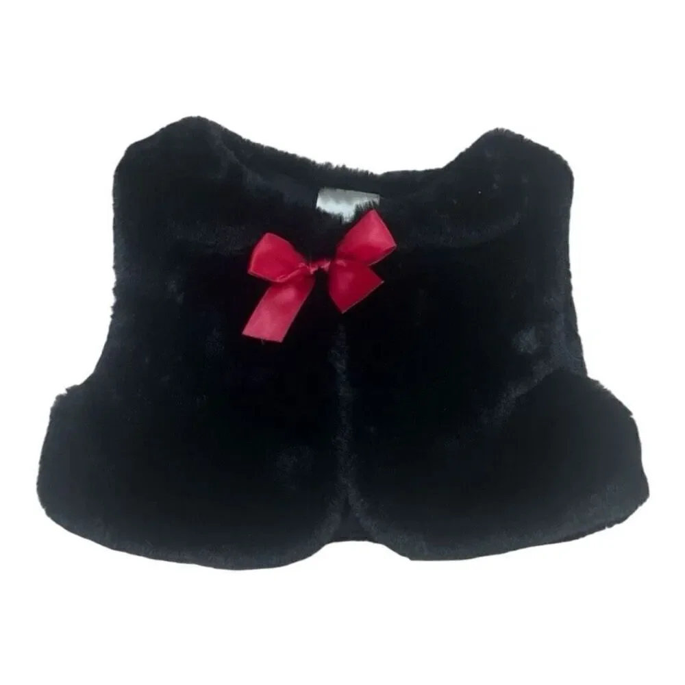 First Impressions Baby Girl BlackFaux Fur Vest Red Satin Ribbon Size 18 Months